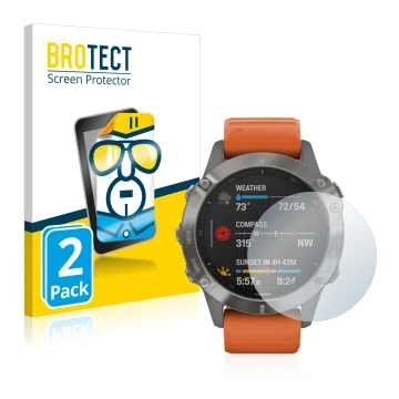 Face avant d’un emballage produit avec le logo de la marque BROTECT. À côté, l’appareil Garmin Fenix 6 est représenté avec la 