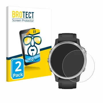 Face avant d’un emballage produit avec le logo de la marque BROTECT. À côté, l’appareil Garmin Fenix 6S est représenté avec la