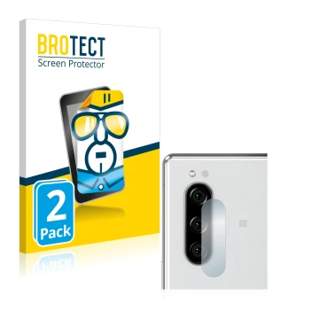 Face avant d’un emballage produit avec le logo de la marque BROTECT. À côté, l’appareil Sony Xperia 5 (Caméra UNIQUEMENT) est 