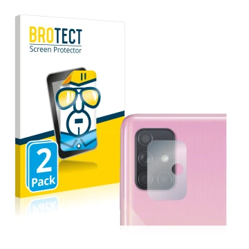 Face avant d’un emballage produit avec le logo de la marque BROTECT. À côté, l’appareil Samsung Galaxy A51 (Caméra UNIQUEMENT)