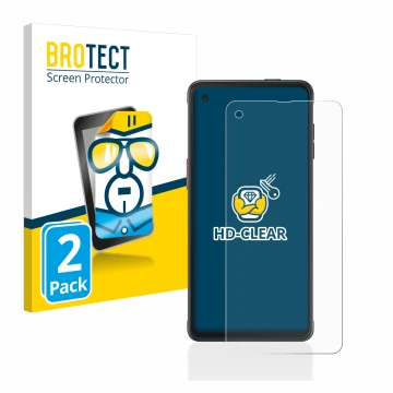 Face avant d’un emballage produit avec le logo de la marque BROTECT. À côté, l’appareil Samsung Galaxy XCover Pro est représen