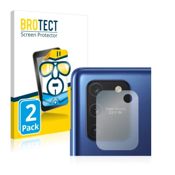 Face avant d’un emballage produit avec le logo de la marque BROTECT. À côté, l’appareil Samsung Galaxy S10 Lite (Caméra UNIQUE