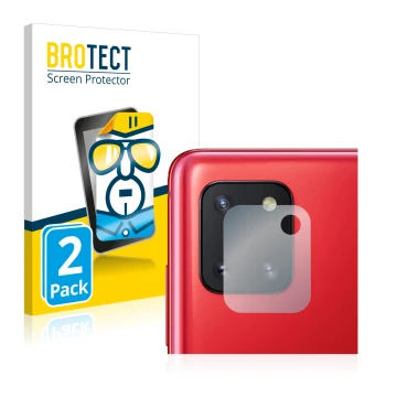 Face avant d’un emballage produit avec le logo de la marque BROTECT. À côté, l’appareil Samsung Galaxy Note 10 Lite (Caméra UN