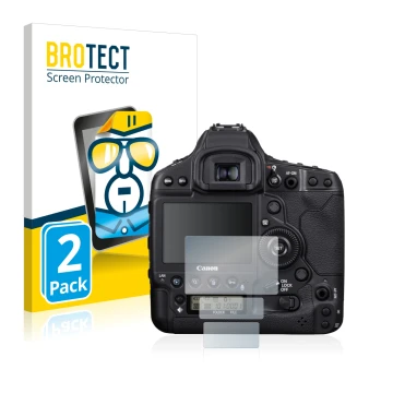 Face avant d’un emballage produit avec le logo de la marque BROTECT. À côté, l’appareil Canon EOS 1D X Mark III est représenté