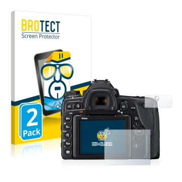 Face avant d’un emballage produit avec le logo de la marque BROTECT. À côté, l’appareil Nikon D780 est représenté avec la prot