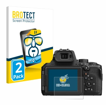Face avant d’un emballage produit avec le logo de la marque BROTECT. À côté, l’appareil Nikon Coolpix P950 est représenté avec