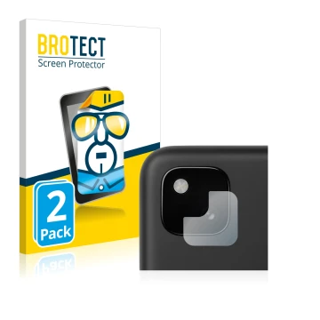 Face avant d’un emballage produit avec le logo de la marque BROTECT. À côté, l’appareil Google Pixel 4a (Caméra UNIQUEMENT) es