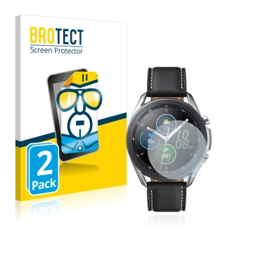 Face avant d’un emballage produit avec le logo de la marque BROTECT. À côté, l’appareil Samsung Galaxy Watch 3 (41mm) est repr
