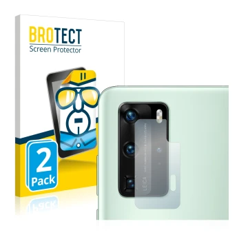 Face avant d’un emballage produit avec le logo de la marque BROTECT. À côté, l’appareil Huawei P40 Pro (Caméra UNIQUEMENT) est