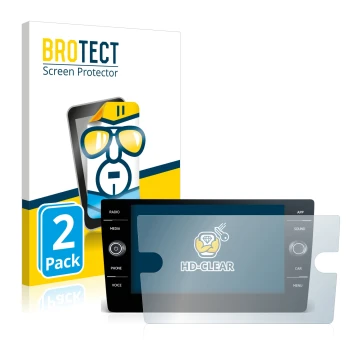 Face avant d’un emballage produit avec le logo de la marque BROTECT. À côté, l’appareil Volkswagen Golf GTI 2017 Discover Medi