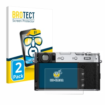 Face avant d’un emballage produit avec le logo de la marque BROTECT. À côté, l’appareil Fujifilm X100V est représenté avec la 