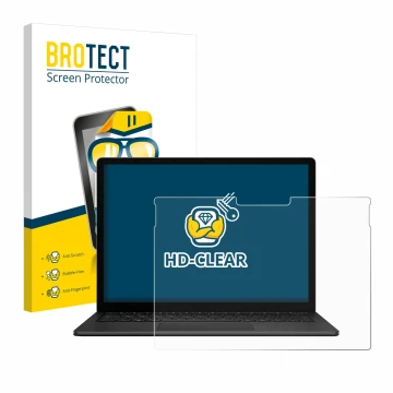 Face avant d’un emballage produit avec le logo de la marque BROTECT. À côté, l’appareil Microsoft Surface Book 3 13.5