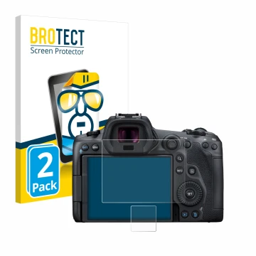 Face avant d’un emballage produit avec le logo de la marque BROTECT. À côté, l’appareil Canon EOS R5 est représenté avec la pr