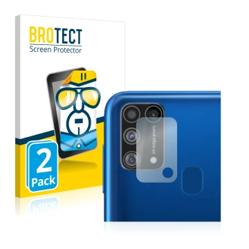 Face avant d’un emballage produit avec le logo de la marque BROTECT. À côté, l’appareil Samsung Galaxy M31 (Caméra UNIQUEMENT)