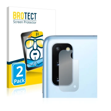 Face avant d’un emballage produit avec le logo de la marque BROTECT. À côté, l’appareil Samsung Galaxy S20 5G (Caméra UNIQUEME