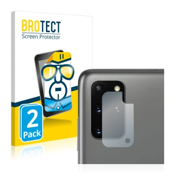 Face avant d’un emballage produit avec le logo de la marque BROTECT. À côté, l’appareil Samsung Galaxy S20 Plus 5G (Caméra UNI