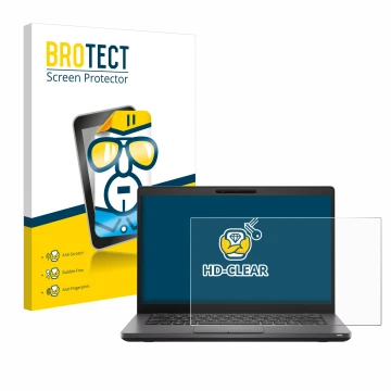 Face avant d’un emballage produit avec le logo de la marque BROTECT. À côté, l’appareil Dell Latitude 5400 est représenté avec