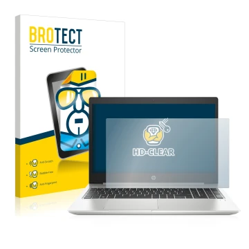 Face avant d’un emballage produit avec le logo de la marque BROTECT. À côté, l’appareil HP ProBook 450 G6 est représenté avec 