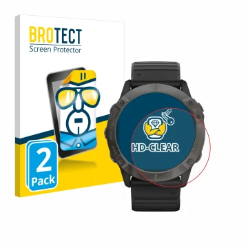 Face avant d’un emballage produit avec le logo de la marque BROTECT. À côté, l’appareil Garmin Fenix 6X Pro Solar est représen