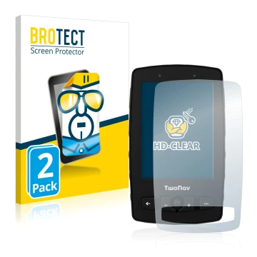 Face avant d’un emballage produit avec le logo de la marque BROTECT. À côté, l’appareil TwoNav Aventura 2 est représenté avec 