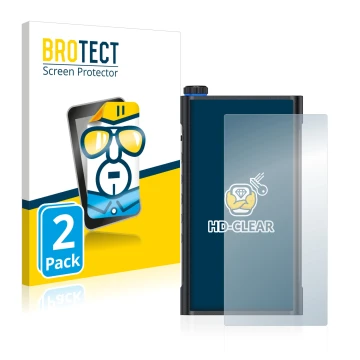 Face avant d’un emballage produit avec le logo de la marque BROTECT. À côté, l’appareil FiiO M15 est représenté avec la protec