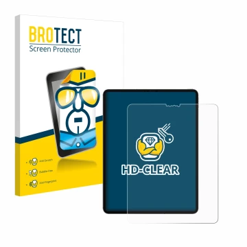 Face avant d’un emballage produit avec le logo de la marque BROTECT. À côté, l’appareil Apple iPad 12.9