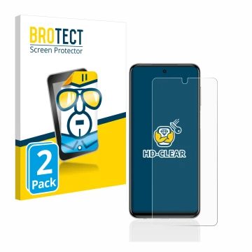 Face avant d’un emballage produit avec le logo de la marque BROTECT. À côté, l’appareil Xiaomi Redmi Note 9S est représenté av