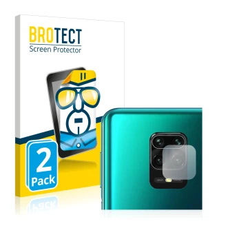 Face avant d’un emballage produit avec le logo de la marque BROTECT. À côté, l’appareil Xiaomi Redmi Note 9S (Caméra UNIQUEMEN