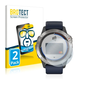 Face avant d’un emballage produit avec le logo de la marque BROTECT. À côté, l’appareil Garmin quatix 6 est représenté avec la