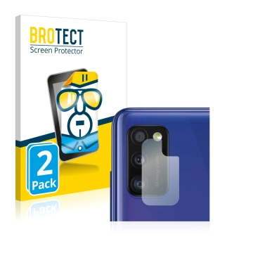 Face avant d’un emballage produit avec le logo de la marque BROTECT. À côté, l’appareil Samsung Galaxy A41 (Caméra UNIQUEMENT)