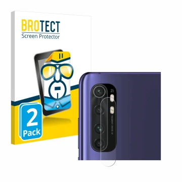 Face avant d’un emballage produit avec le logo de la marque BROTECT. À côté, l’appareil Xiaomi Mi Note 10 Lite (Caméra UNIQUEM