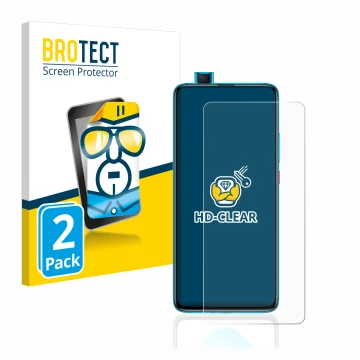 Face avant d’un emballage produit avec le logo de la marque BROTECT. À côté, l’appareil Xiaomi Poco F2 Pro est représenté avec