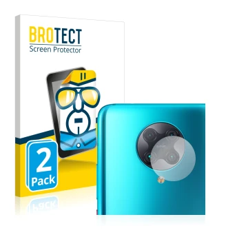 Face avant d’un emballage produit avec le logo de la marque BROTECT. À côté, l’appareil Xiaomi Poco F2 Pro (Caméra UNIQUEMENT)