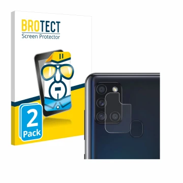 Face avant d’un emballage produit avec le logo de la marque BROTECT. À côté, l’appareil Samsung Galaxy A21s (Caméra UNIQUEMENT