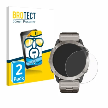 Face avant d’un emballage produit avec le logo de la marque BROTECT. À côté, l’appareil Garmin quatix 6x Solar est représenté 
