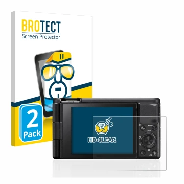 Face avant d’un emballage produit avec le logo de la marque BROTECT. À côté, l’appareil Sony ZV-1 est représenté avec la prote