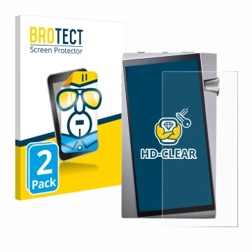 Face avant d’un emballage produit avec le logo de la marque BROTECT. À côté, l’appareil Astell&Kern A&norma SR25 est représent