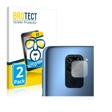 Face avant d’un emballage produit avec le logo de la marque BROTECT. À côté, l’appareil Xiaomi Redmi Note 9 (Caméra UNIQUEMENT