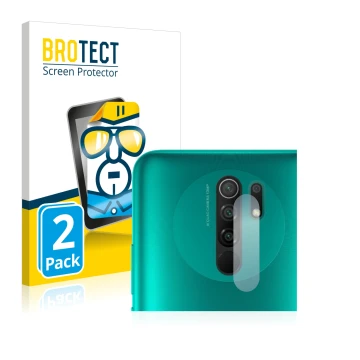 Face avant d’un emballage produit avec le logo de la marque BROTECT. À côté, l’appareil Xiaomi Redmi 9 (Caméra UNIQUEMENT) est