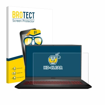 Face avant d’un emballage produit avec le logo de la marque BROTECT. À côté, l’appareil MSI GF75 10SDR-234 est représenté avec