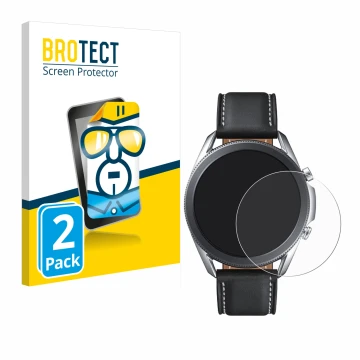 Face avant d’un emballage produit avec le logo de la marque BROTECT. À côté, l’appareil Samsung Galaxy Watch 3 (45mm) est repr