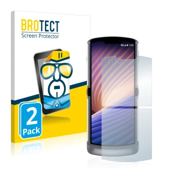 Face avant d’un emballage produit avec le logo de la marque BROTECT. À côté, l’appareil Motorola Razr 5G 2020 est représenté a