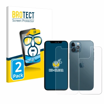 Face avant d’un emballage produit avec le logo de la marque BROTECT. À côté, l’appareil Apple iPhone 12 Pro (Avant+Arrière) es