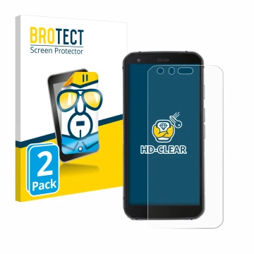 Face avant d’un emballage produit avec le logo de la marque BROTECT. À côté, l’appareil Caterpillar Cat S62 Pro est représenté