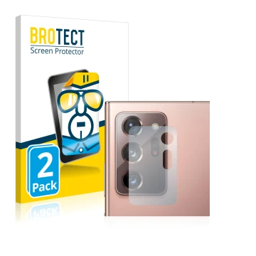Face avant d’un emballage produit avec le logo de la marque BROTECT. À côté, l’appareil Samsung Galaxy Note 20 Ultra 5G (Camér