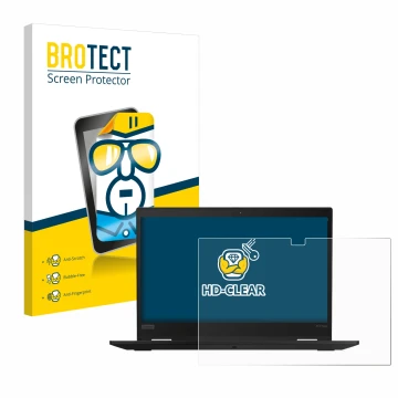 Face avant d’un emballage produit avec le logo de la marque BROTECT. À côté, l’appareil Lenovo ThinkPad X13 Yoga 20SX0003GE es