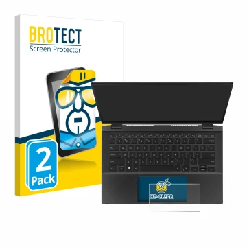 Face avant d’un emballage produit avec le logo de la marque BROTECT. À côté, l’appareil ASUS ZenBook Flip 14 UX463FA (Touch Tr