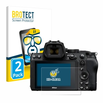 Face avant d’un emballage produit avec le logo de la marque BROTECT. À côté, l’appareil Nikon Z 5 est représenté avec la prote