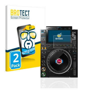 Face avant d’un emballage produit avec le logo de la marque BROTECT. À côté, l’appareil Pioneer CDJ 3000 est représenté avec l