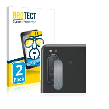 Face avant d’un emballage produit avec le logo de la marque BROTECT. À côté, l’appareil Sony Xperia 5 II (Caméra UNIQUEMENT) e